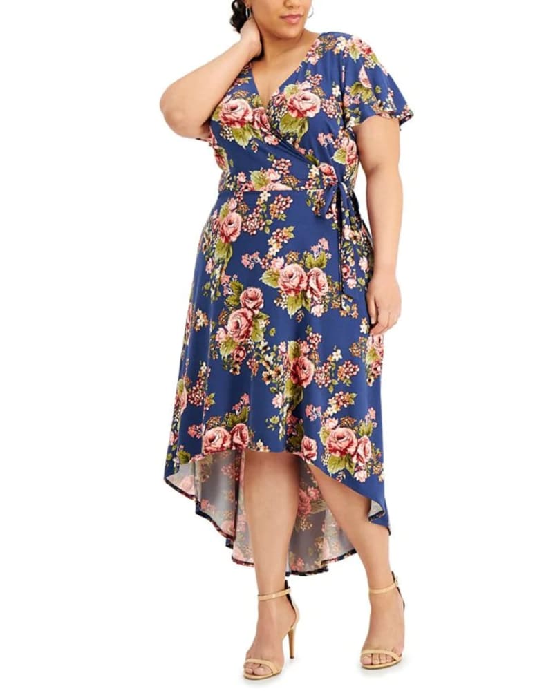 Front of a model wearing a size 2X BCX Women's Trendy Plus High Low Dress Blue Size 2X in Blue by BCX. | dia_product_style_image_id:312745